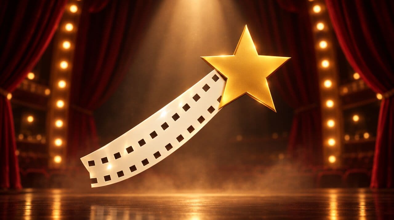Der goldene Filmstern von moviefriends schwebt im Scheinwerferlicht vor rotem Bühnenvorhang