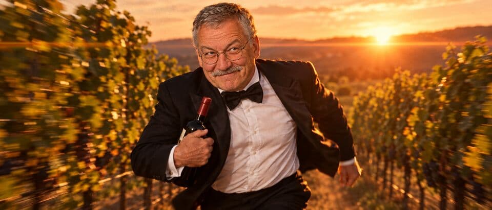 Werner rennt im Smoking durch die Weinberge
